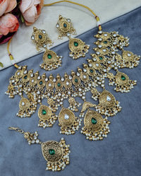 Antique Gold Floral Necklace Set with Earrings & Maangtikka