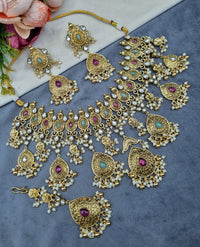 Antique Gold Floral Necklace Set with Earrings & Maangtikka