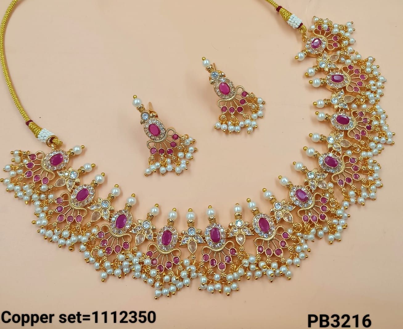 Gold Plated Kundan Stone Copper jewellery set