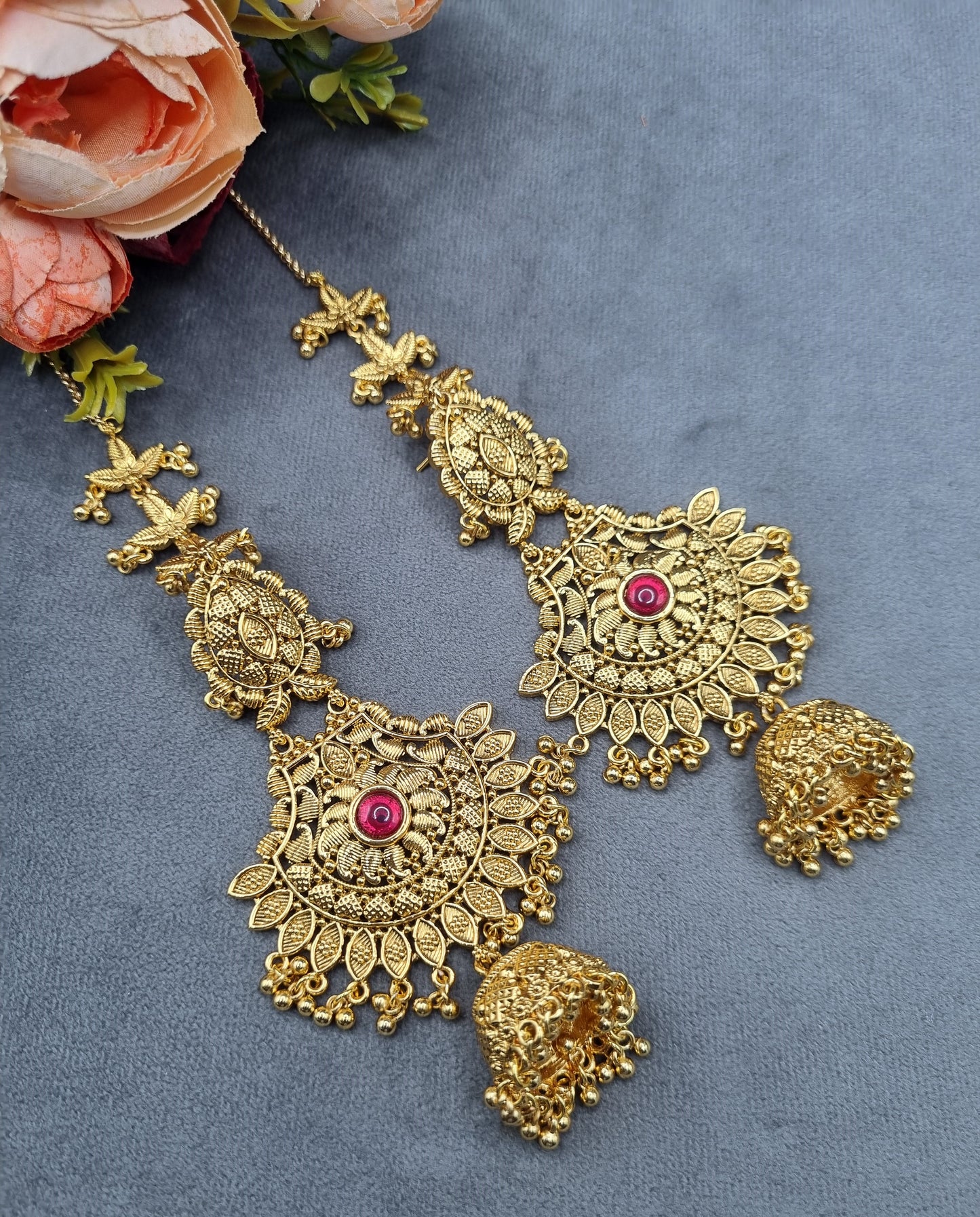 Ornate Antique Filigree Jhumka Earrings with Ear Chains