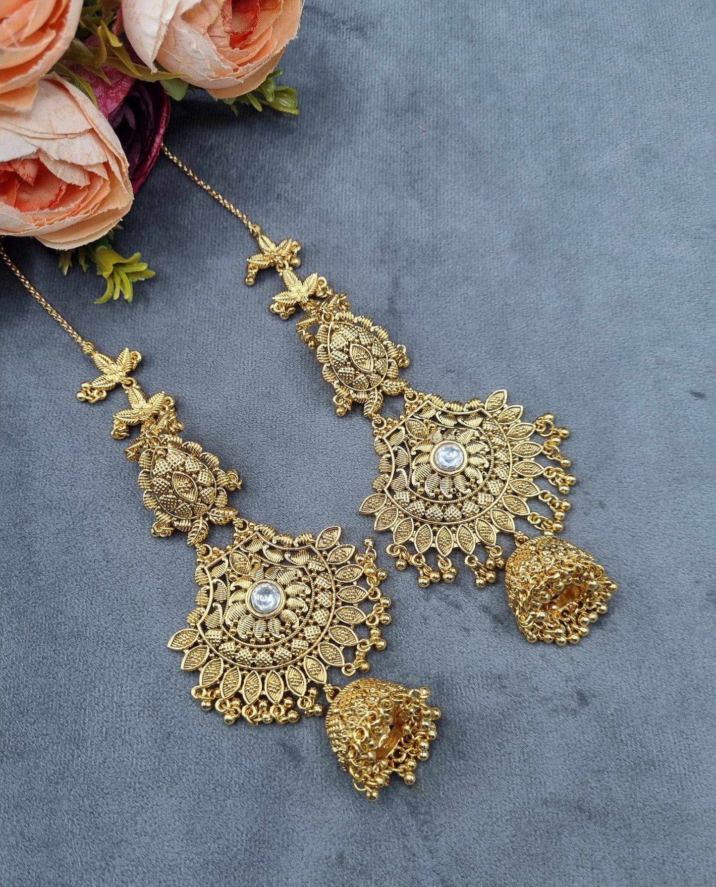 Ornate Antique Filigree Jhumka Earrings with Ear Chains