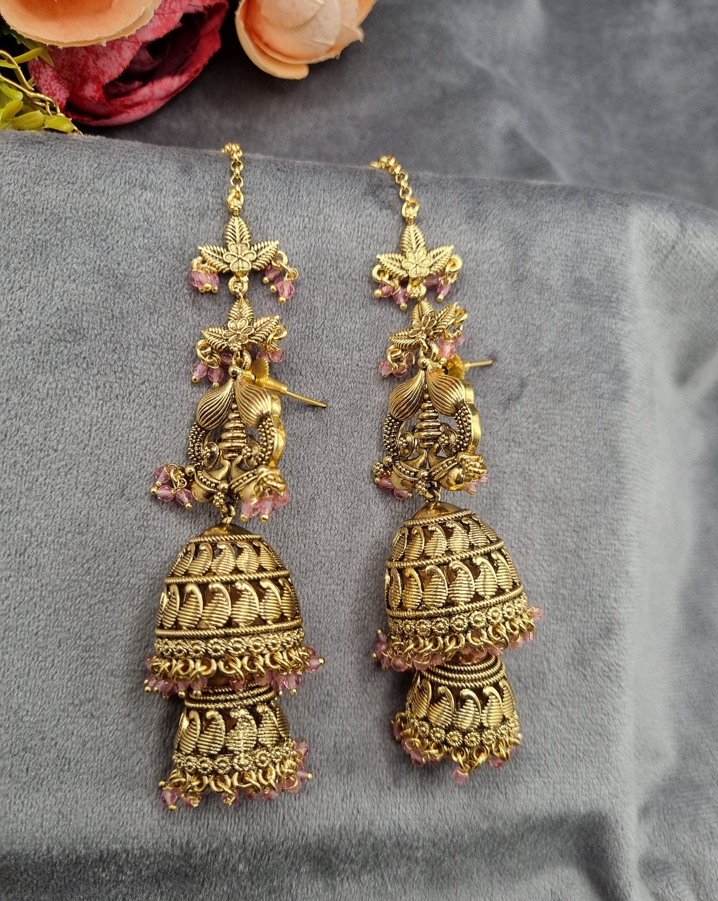 Ethnic Temple Motif Layered Jhumkas with Hair Chains