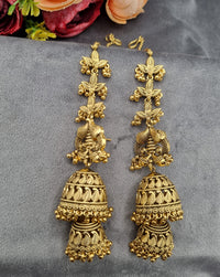 Ethnic Temple Motif Layered Jhumkas with Hair Chains