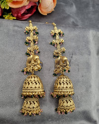 Ethnic Temple Motif Layered Jhumkas with Hair Chains