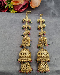 Ethnic Temple Motif Layered Jhumkas with Hair Chains