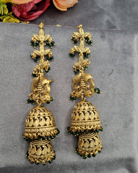 Ethnic Temple Motif Layered Jhumkas with Hair Chains