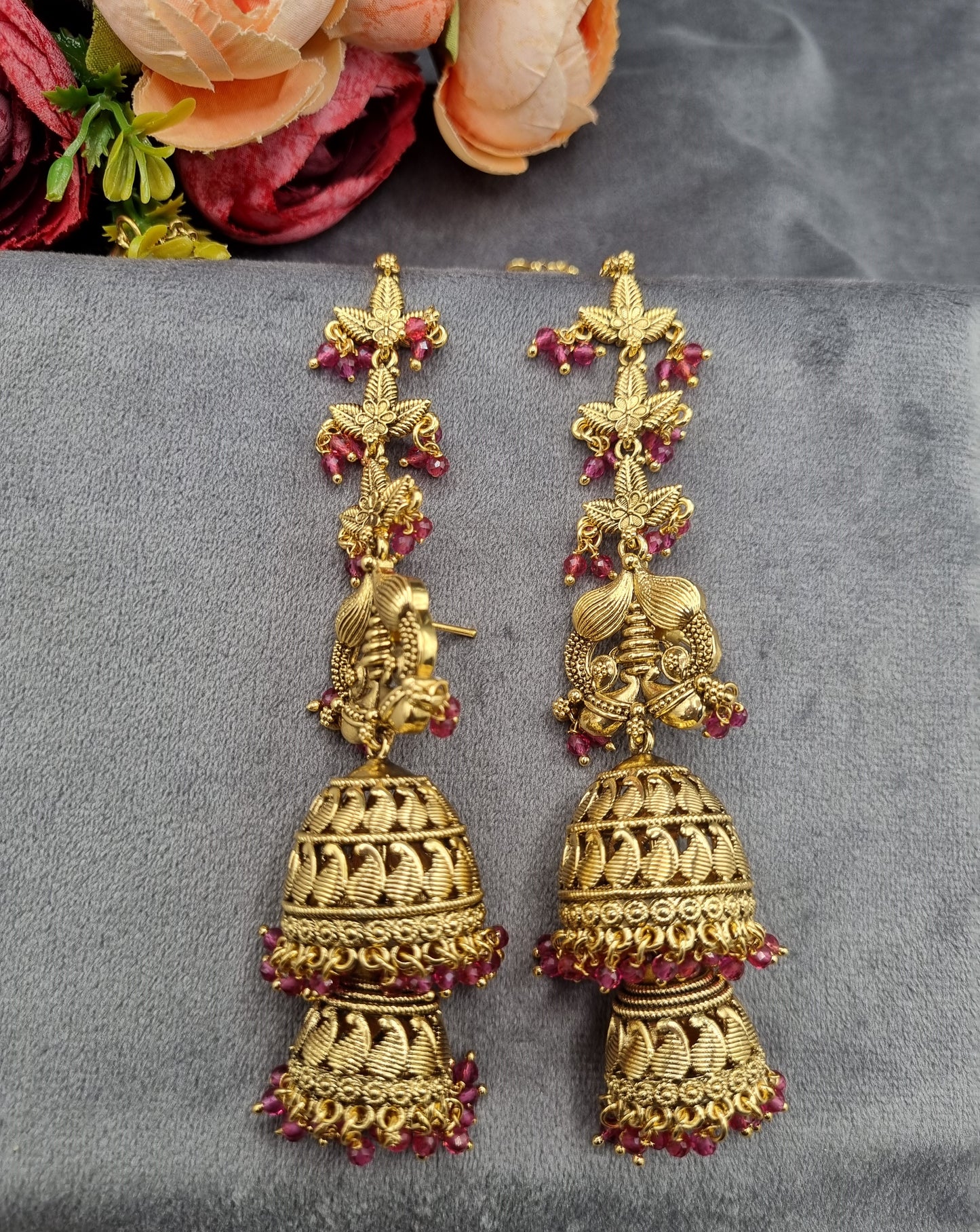 Ethnic Temple Motif Layered Jhumkas with Hair Chains