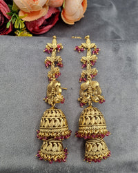 Ethnic Temple Motif Layered Jhumkas with Hair Chains