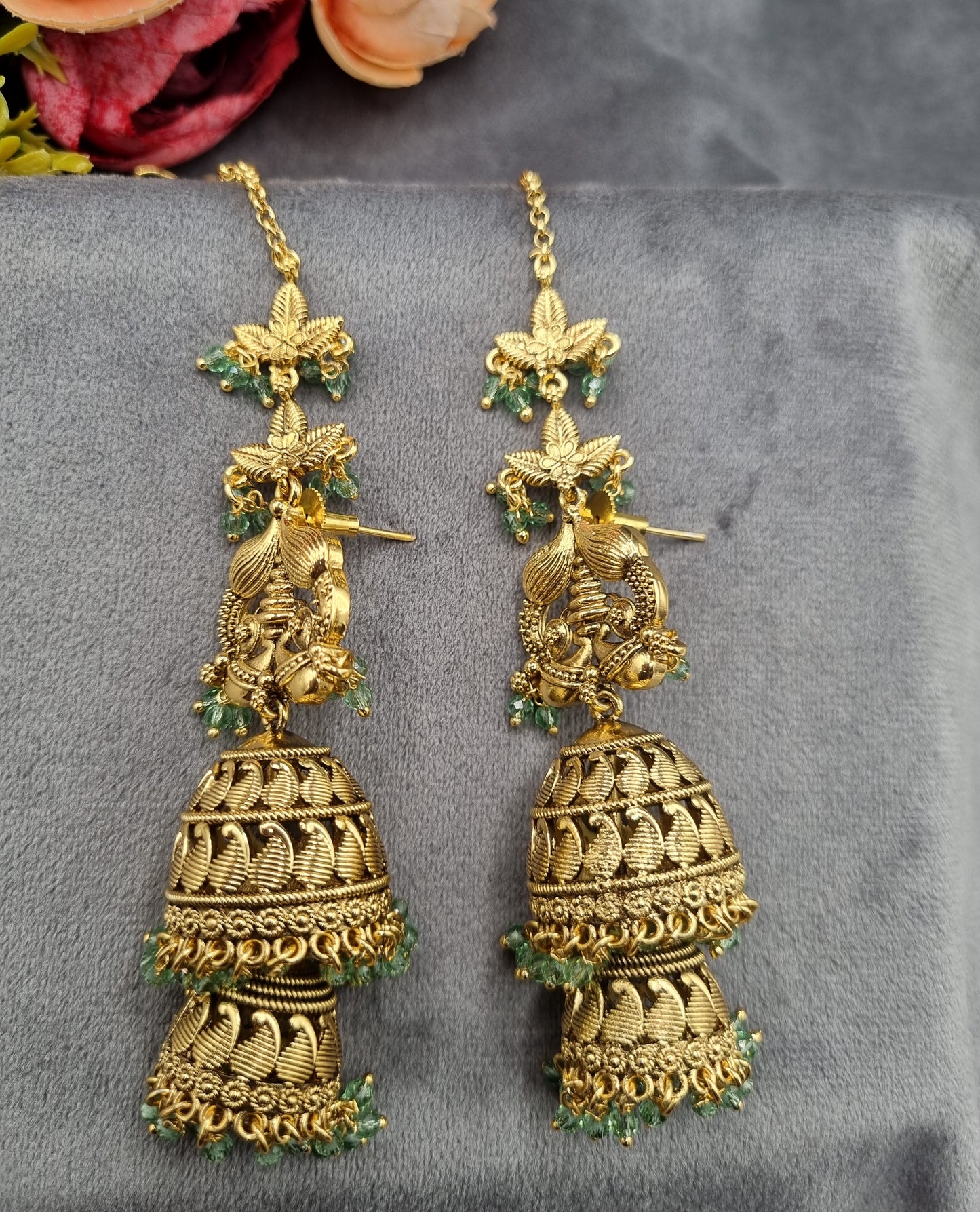 Ethnic Temple Motif Layered Jhumkas with Hair Chains