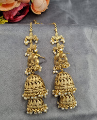 Ethnic Temple Motif Layered Jhumkas with Hair Chains