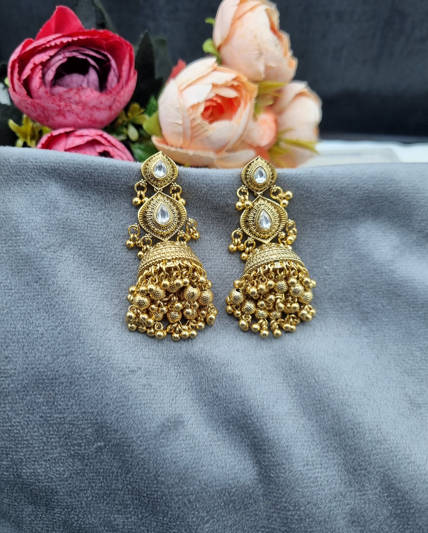 Antique Gold Finish Beaded Jhumka Earrings