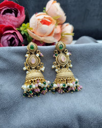 Antique Gold Finish Beaded Jhumka Earrings