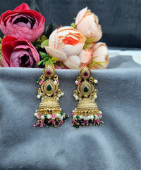 Antique Gold Finish Beaded Jhumka Earrings