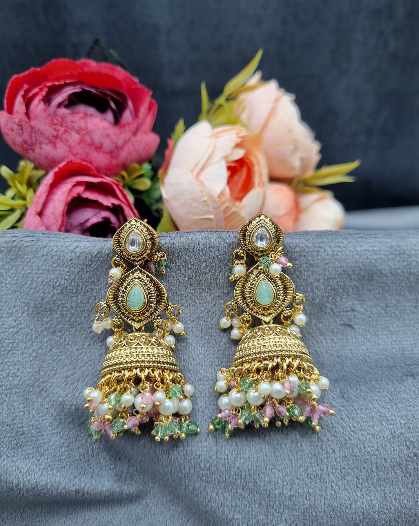 Antique Gold Finish Beaded Jhumka Earrings