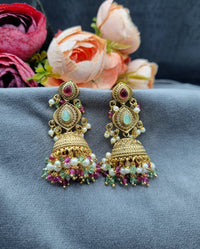 Antique Gold Finish Beaded Jhumka Earrings