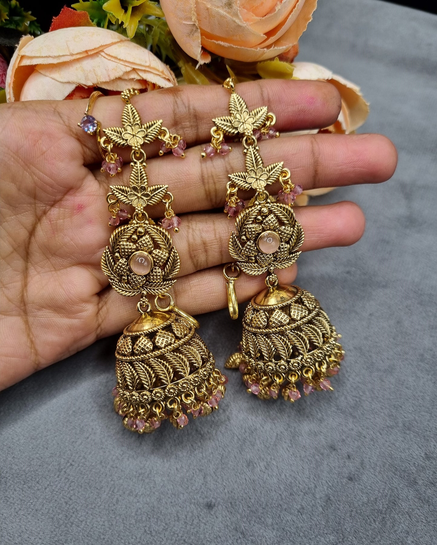 Antique Gold Floral Statement Jhumka Earrings