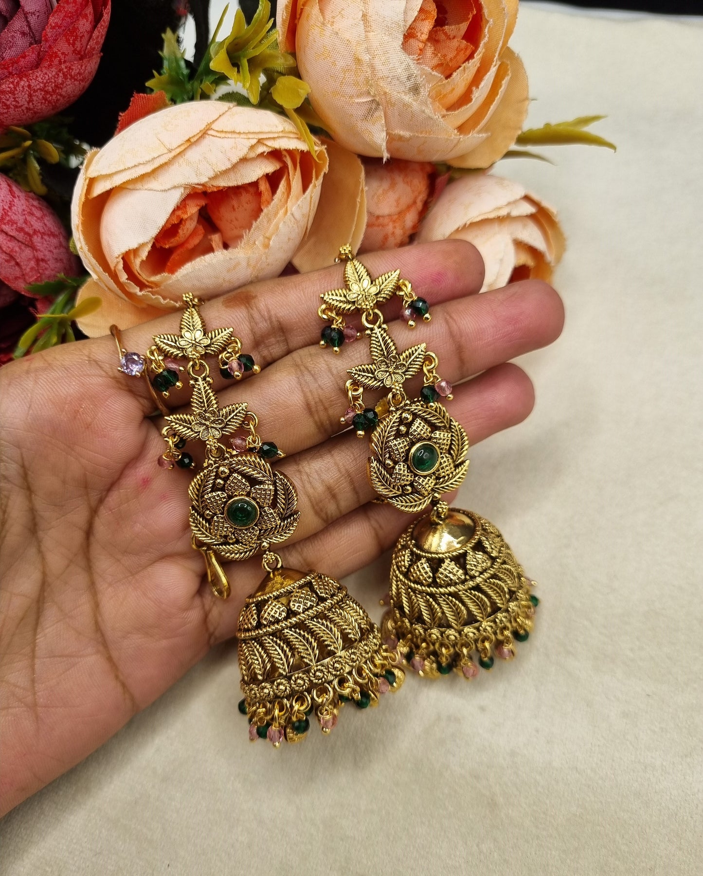 Antique Gold Floral Statement Jhumka Earrings