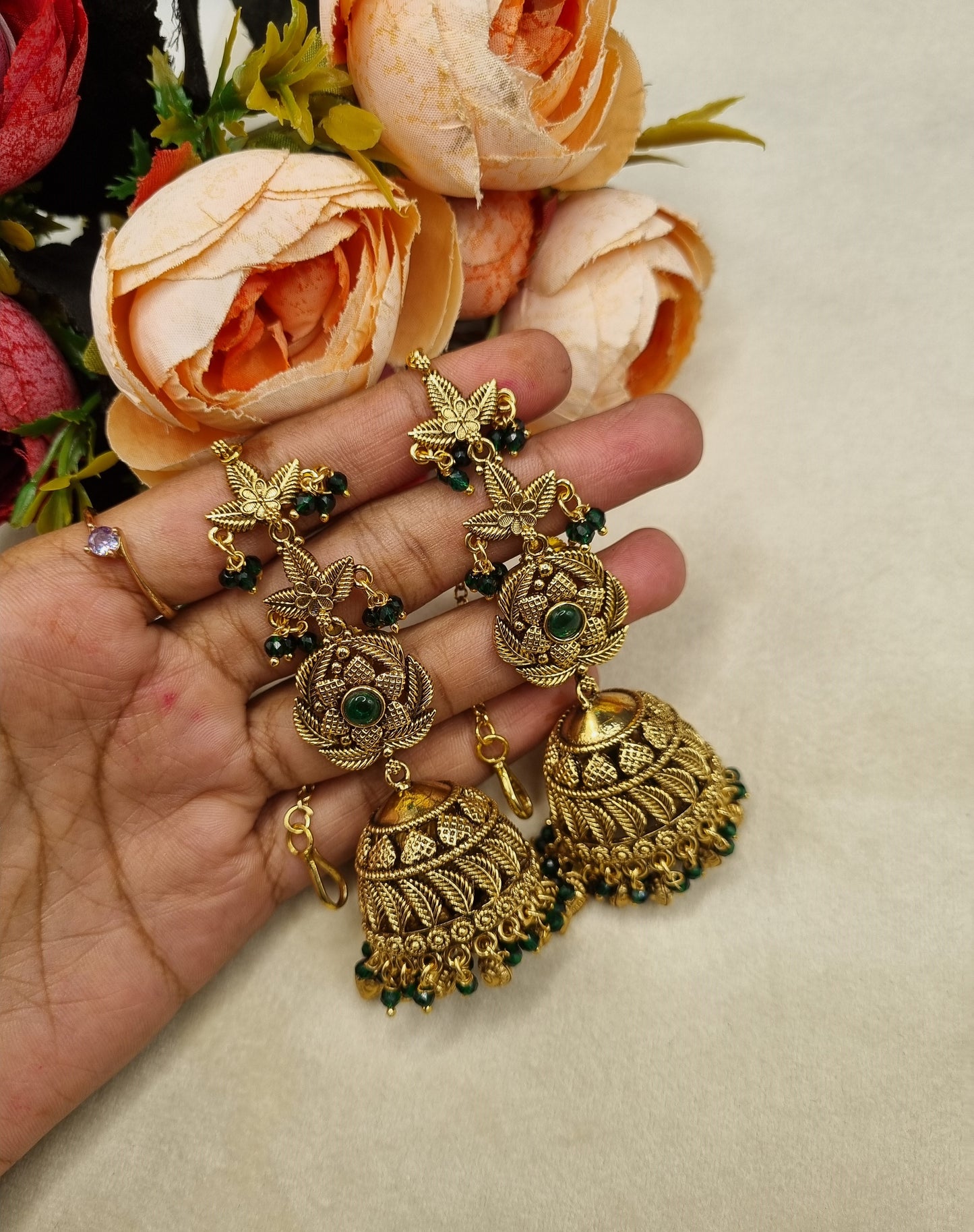 Antique Gold Floral Statement Jhumka Earrings