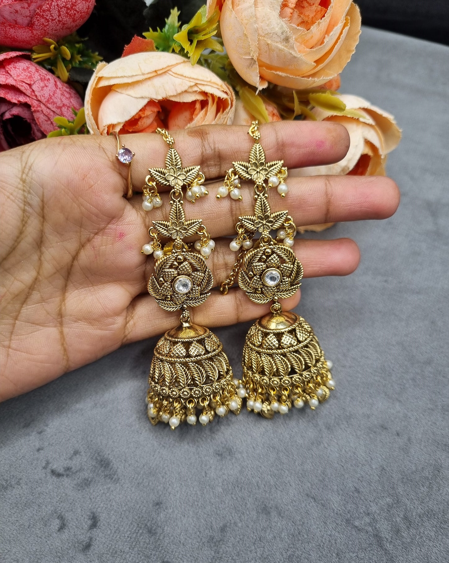 Antique Gold Floral Statement Jhumka Earrings