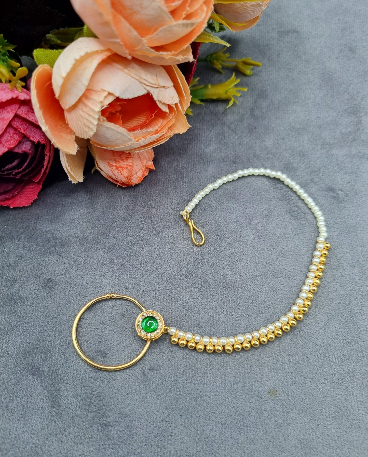 Traditional Stone-Studded Nath Ring with Pearl Support Chain