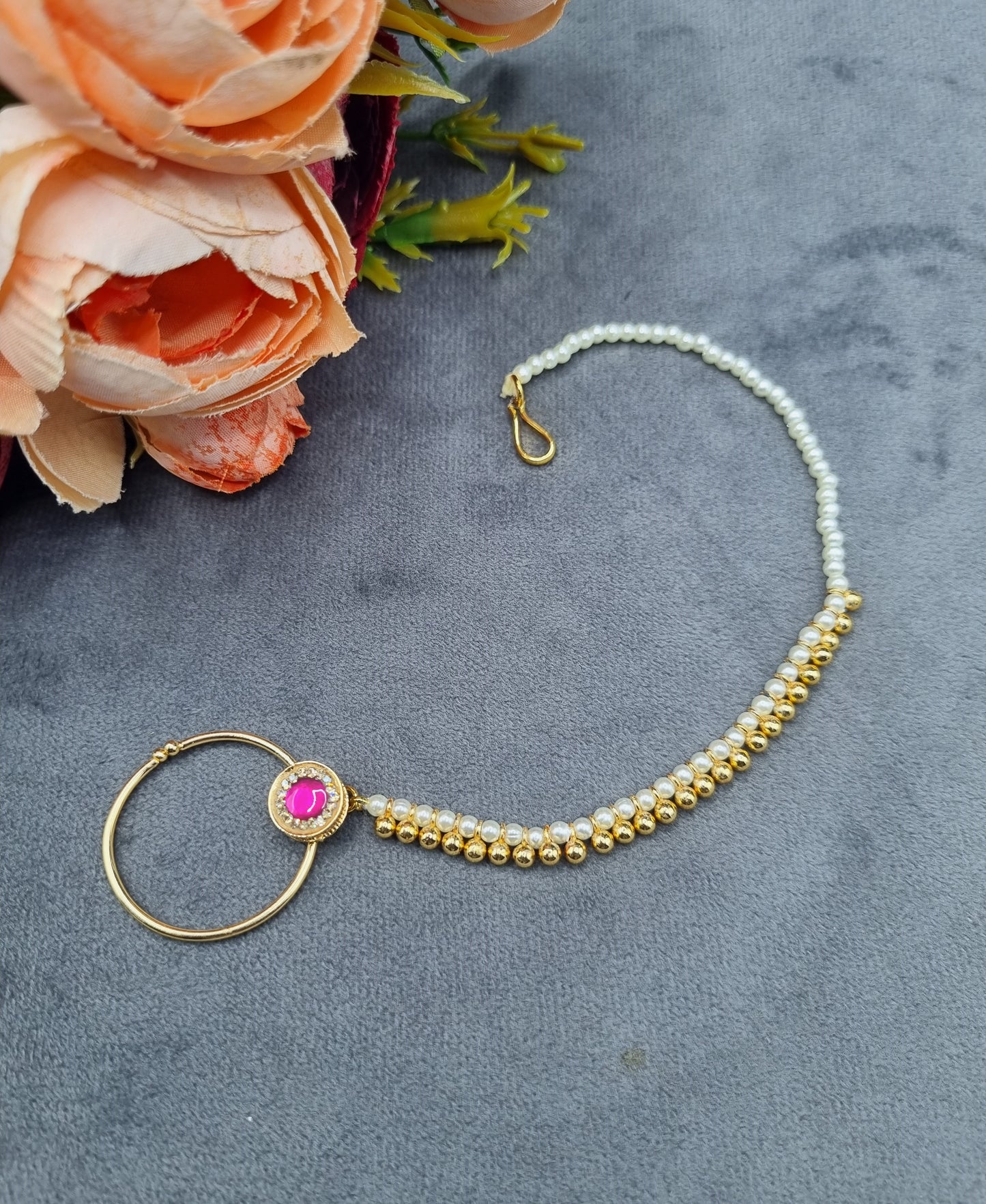 Traditional Stone-Studded Nath Ring with Pearl Support Chain