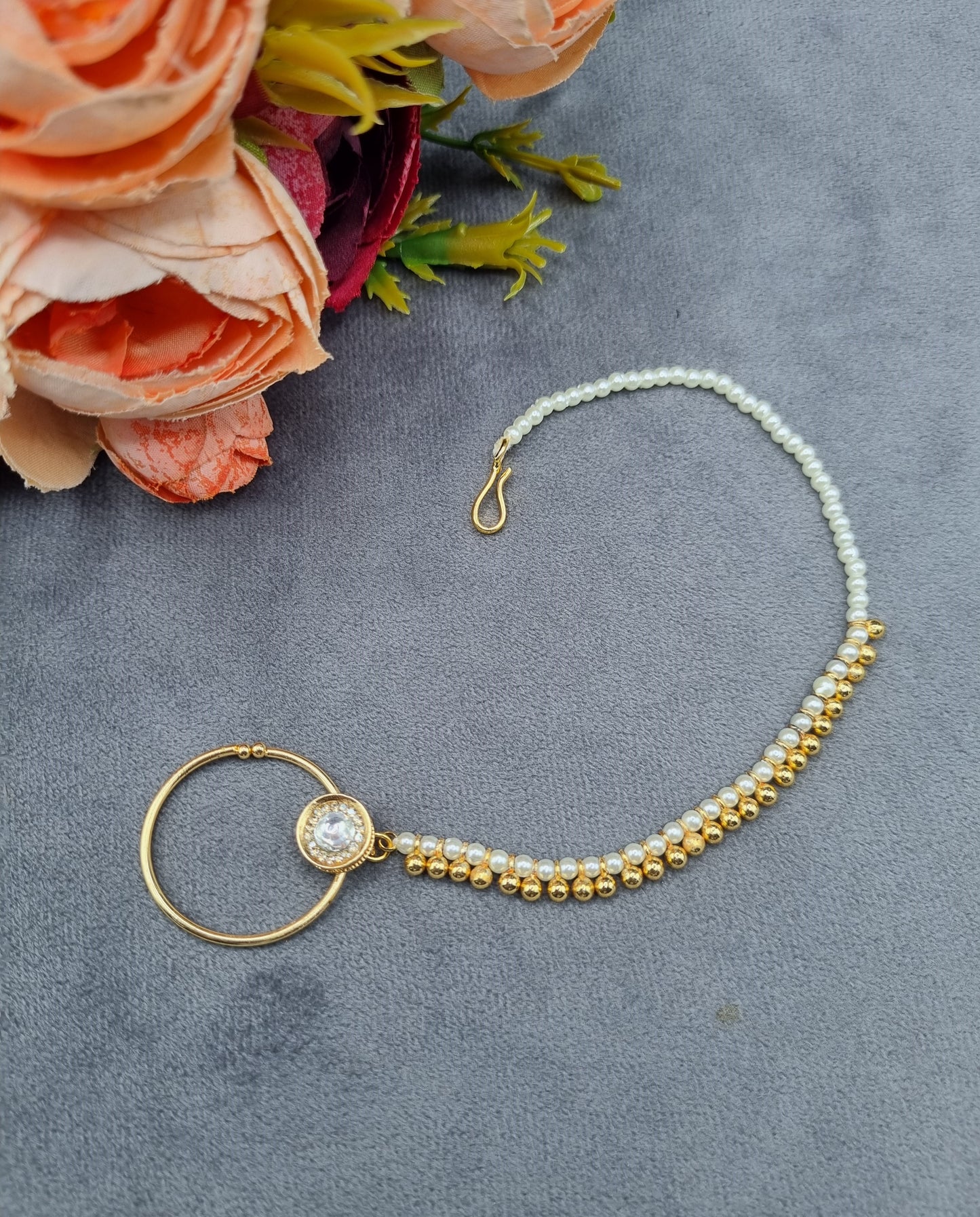 Traditional Stone-Studded Nath Ring with Pearl Support Chain