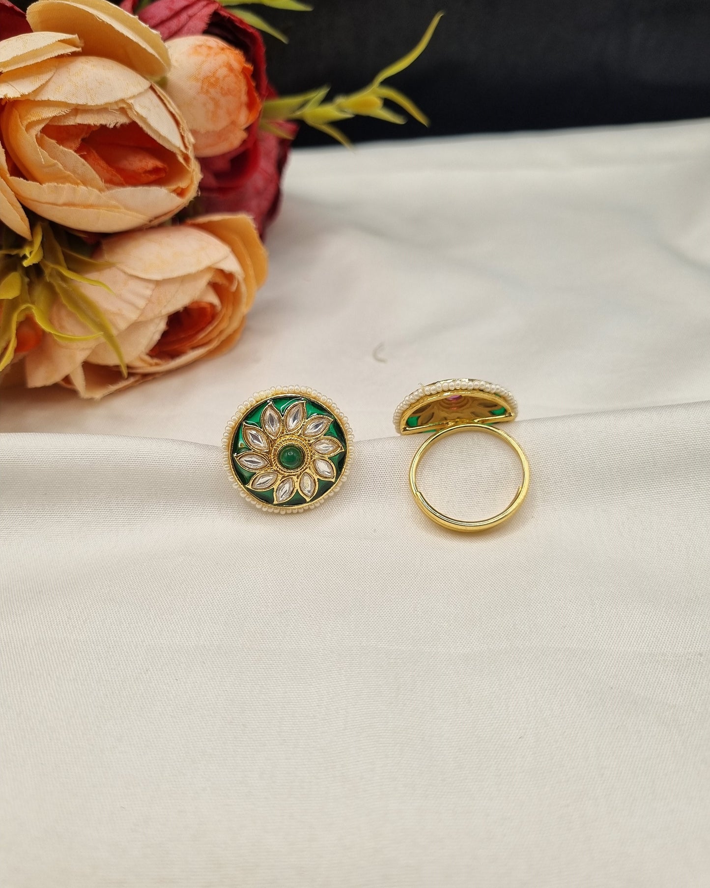 Floral Rosette Meenakari Statement Ring with Pearl Edge