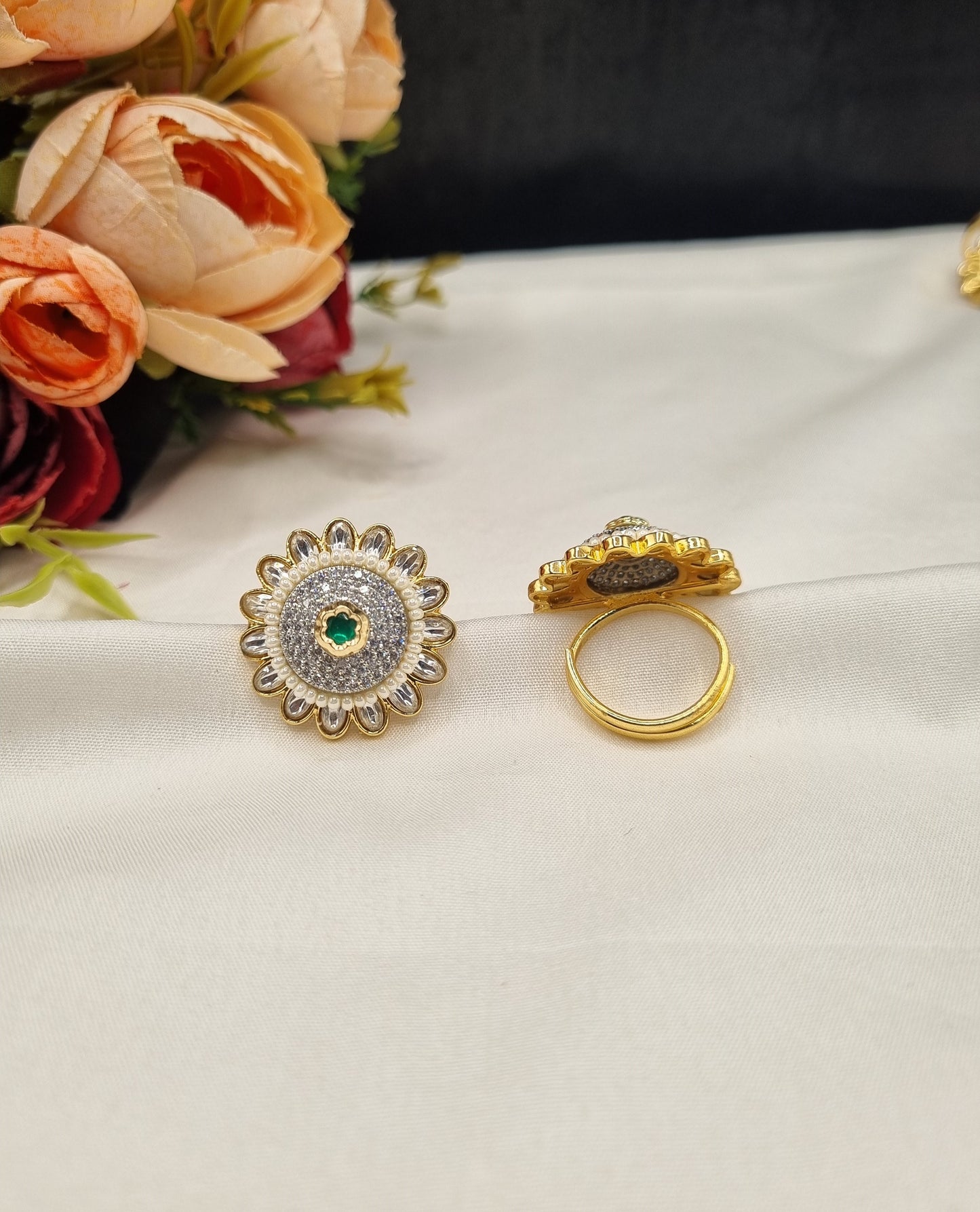 Sunburst Pave Medallion Ring with Pearl Border