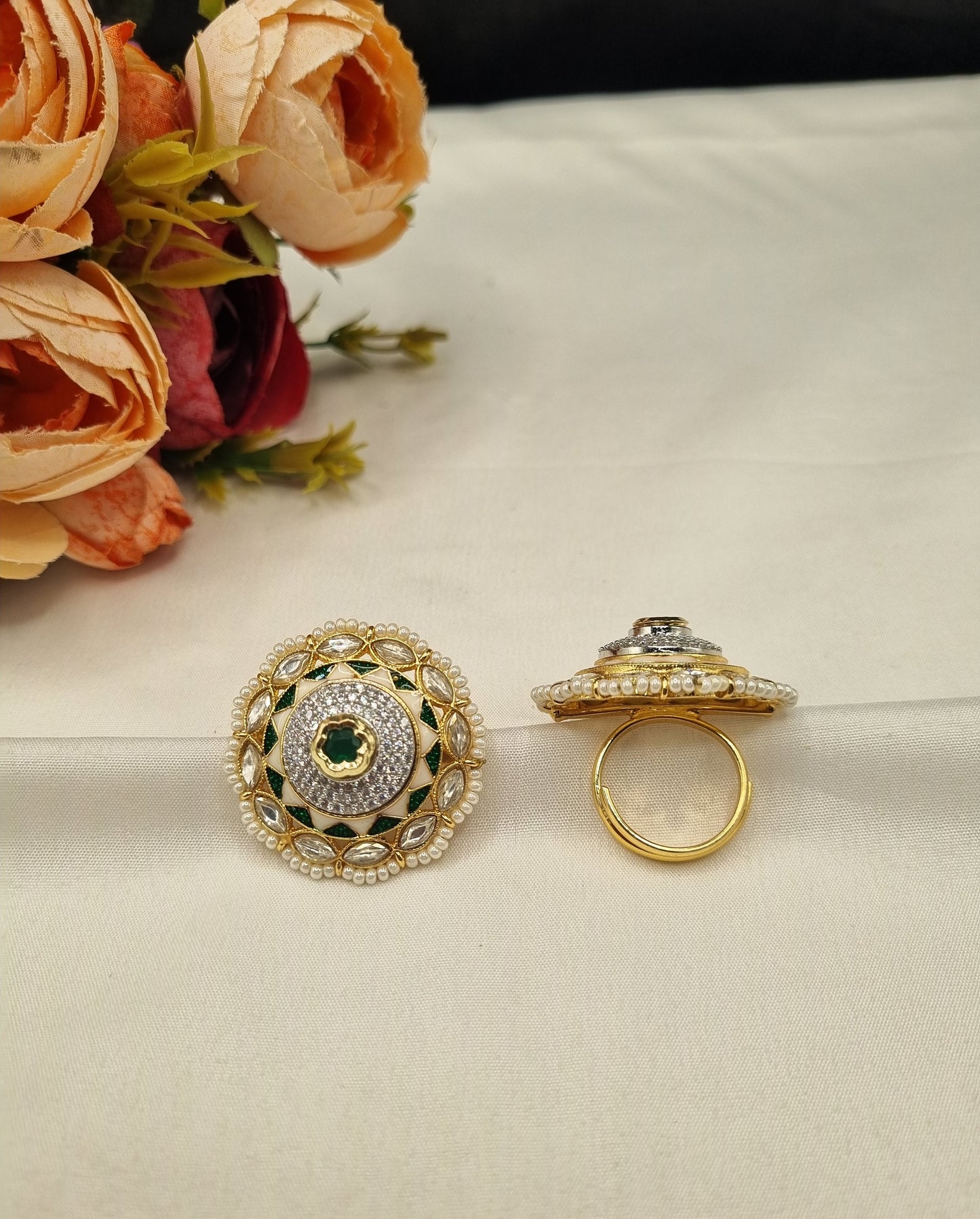Dome Medallion Statement Ring with Micro-Pearl Border