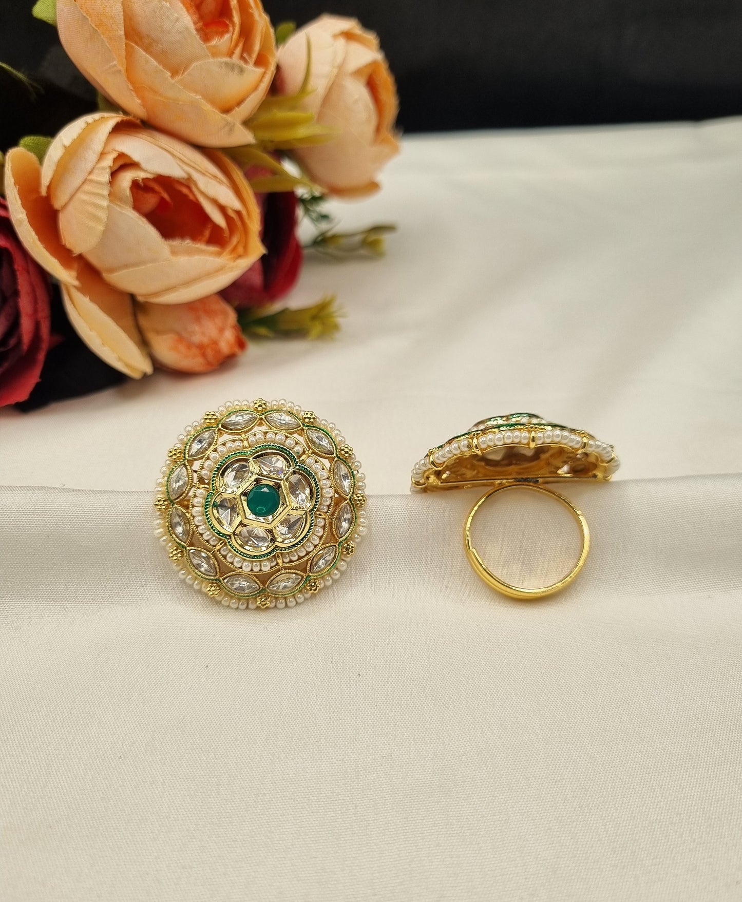 Gold-Plated Floral Circular Statement Ring with Pearl Border