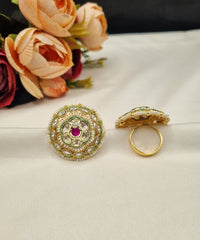 Gold-Plated Floral Circular Statement Ring with Pearl Border