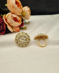Gold-Plated Floral Circular Statement Ring with Pearl Border