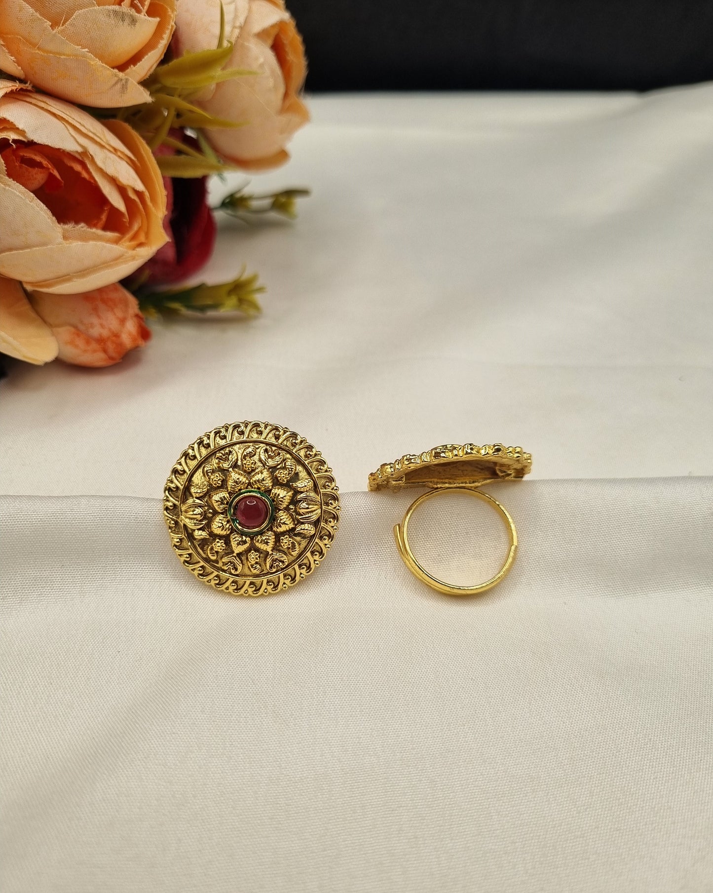 Traditional Embossed Floral Motif Adjustable Ring