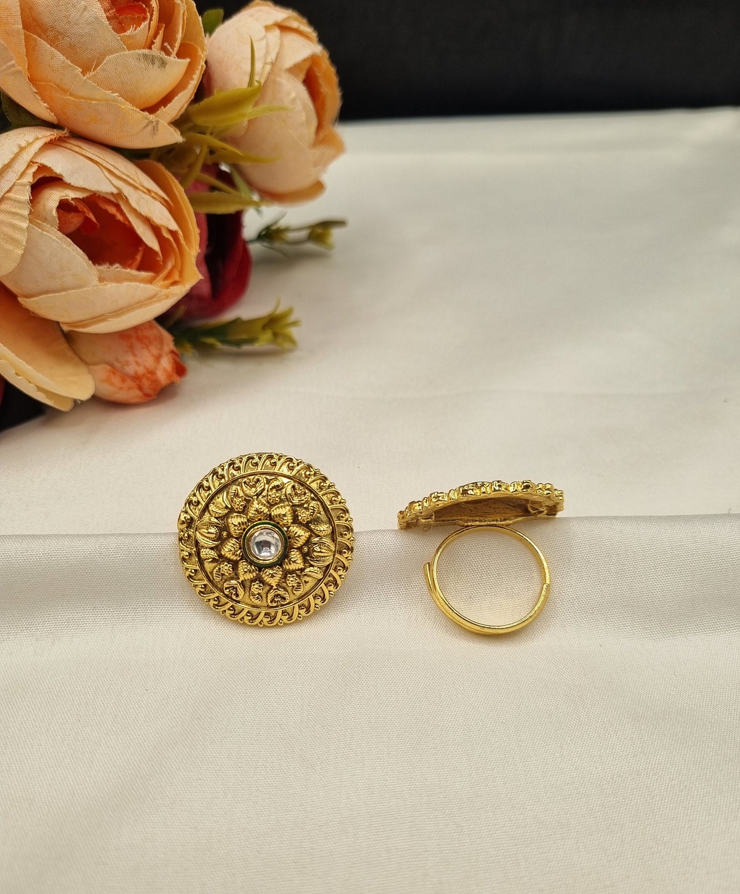 Traditional Embossed Floral Motif Adjustable Ring