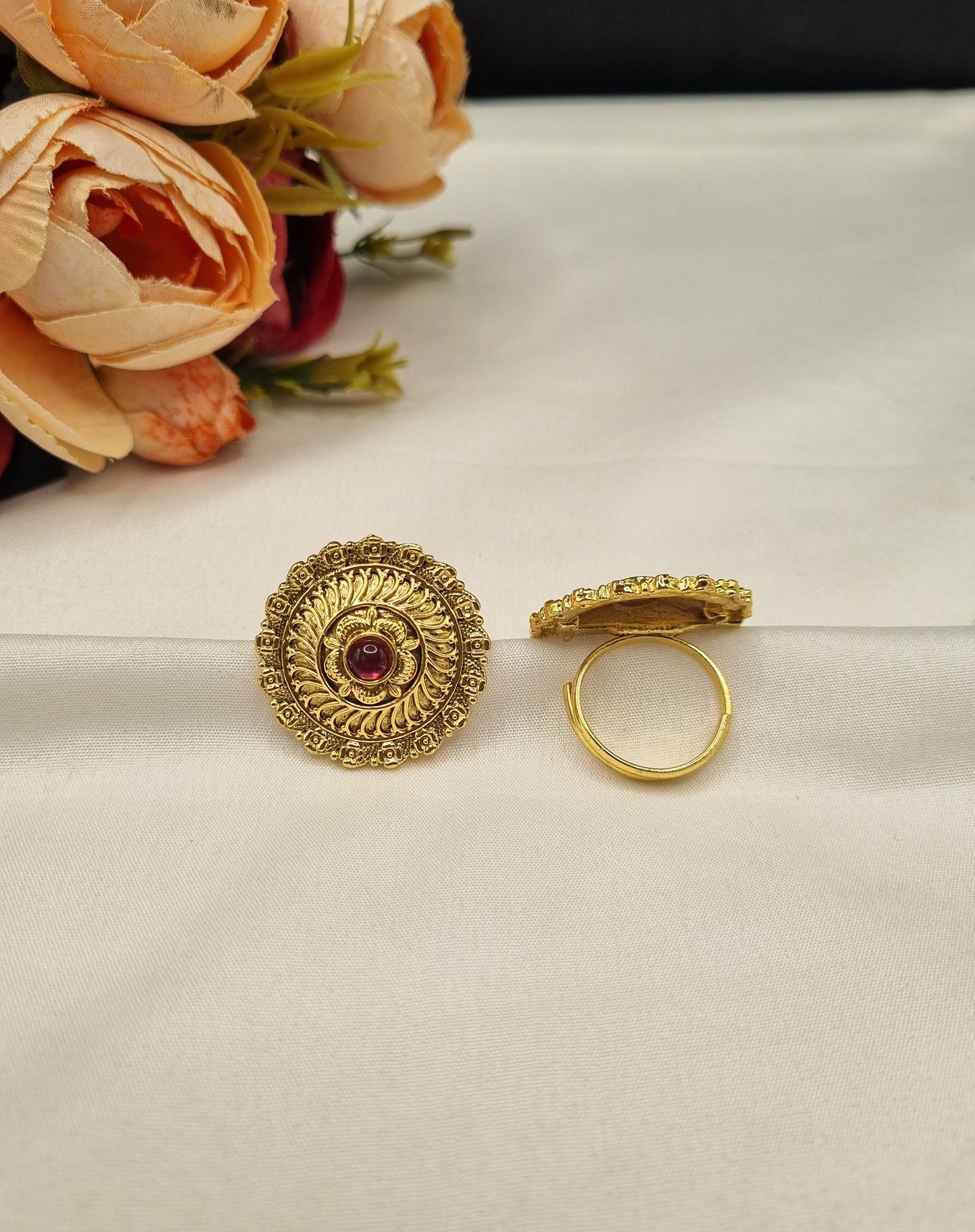 Traditional Carved Circular Adjustable Statement Ring