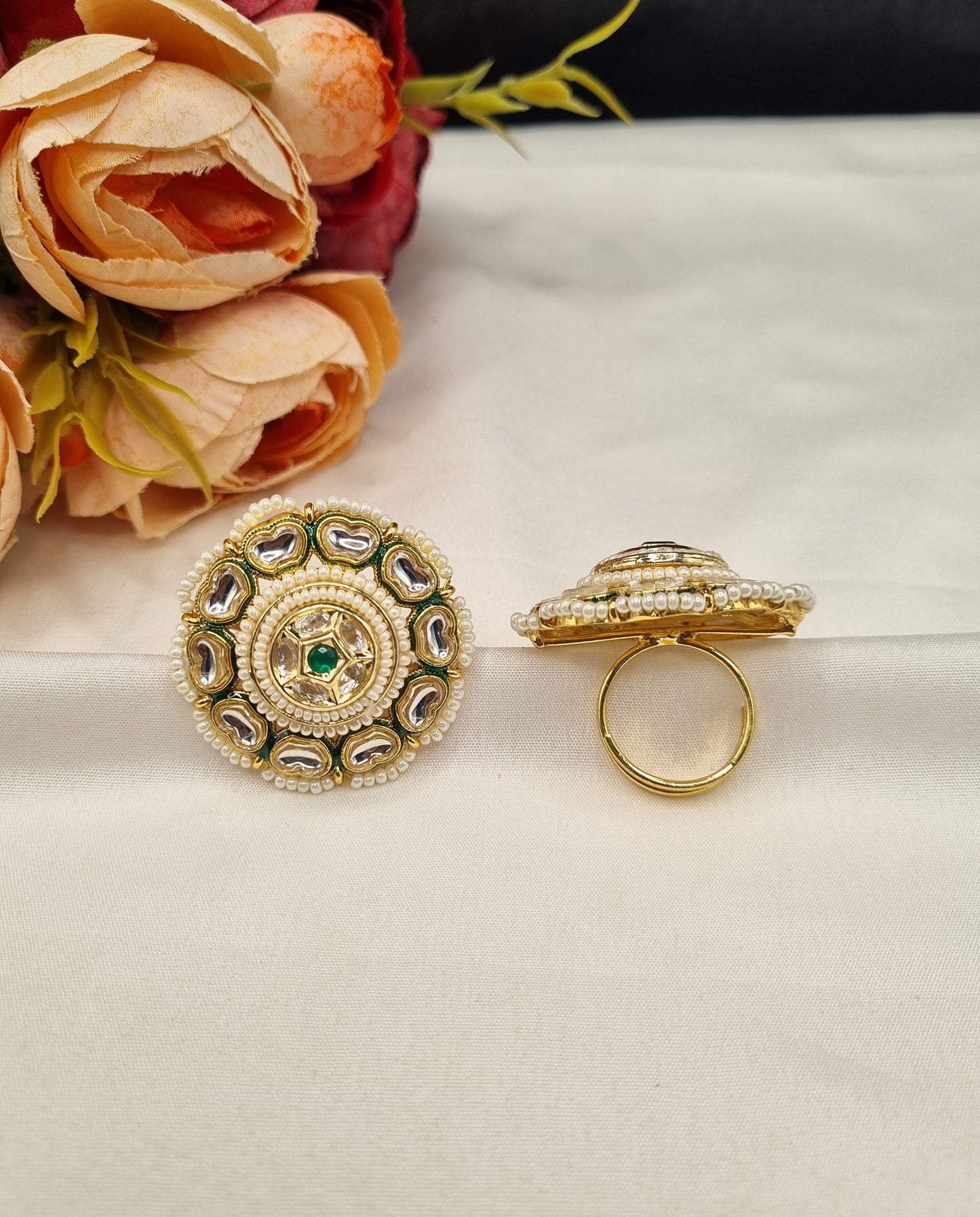 Intricate Dome-Style Concentric Statement Ring with Pearl Halo