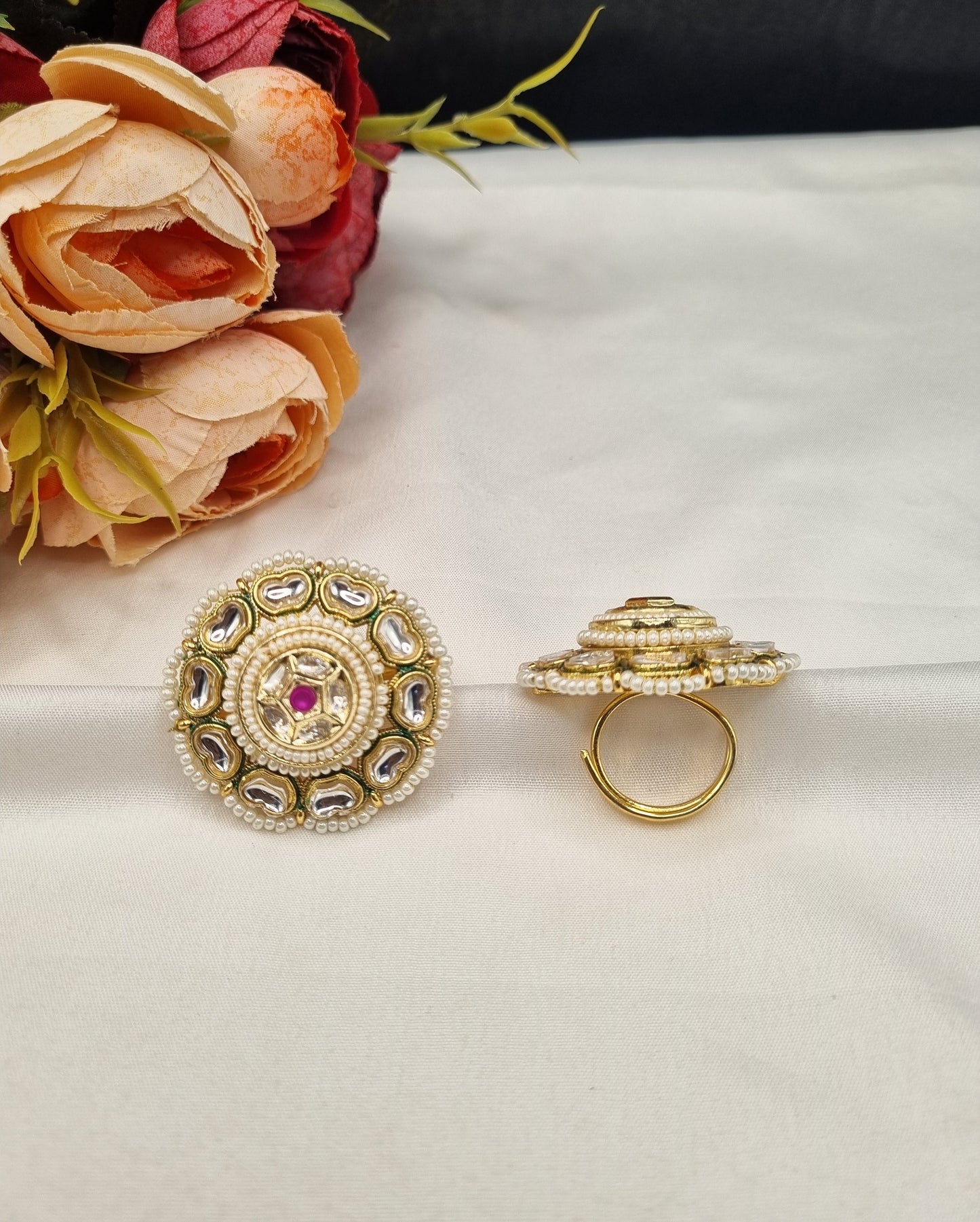 Intricate Dome-Style Concentric Statement Ring with Pearl Halo