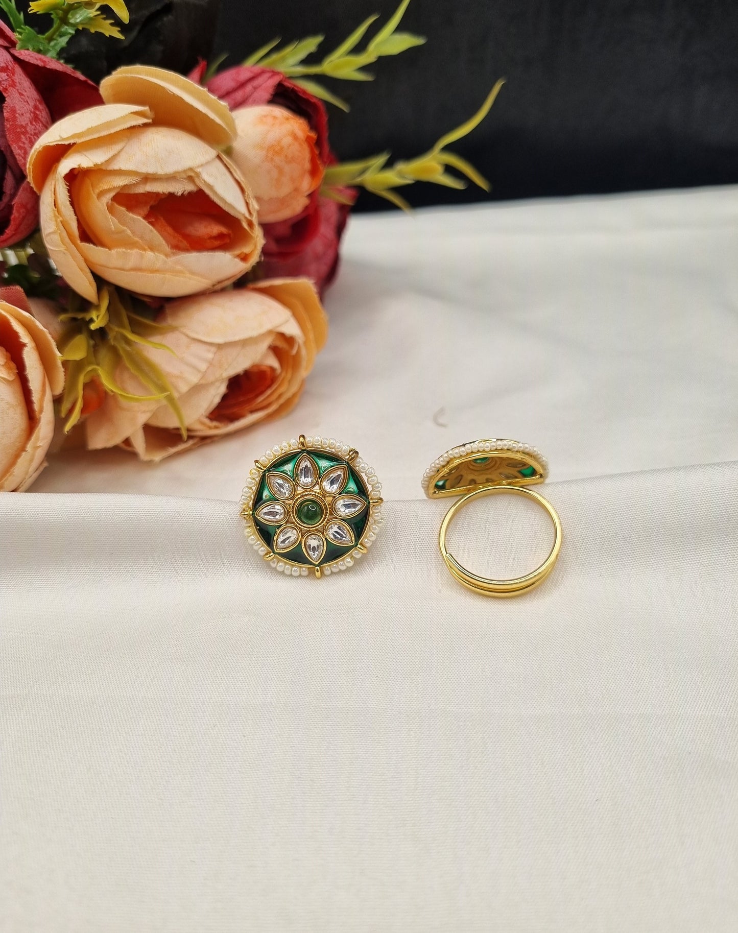 Floral Starburst Meenakari Ring with Pearl Border