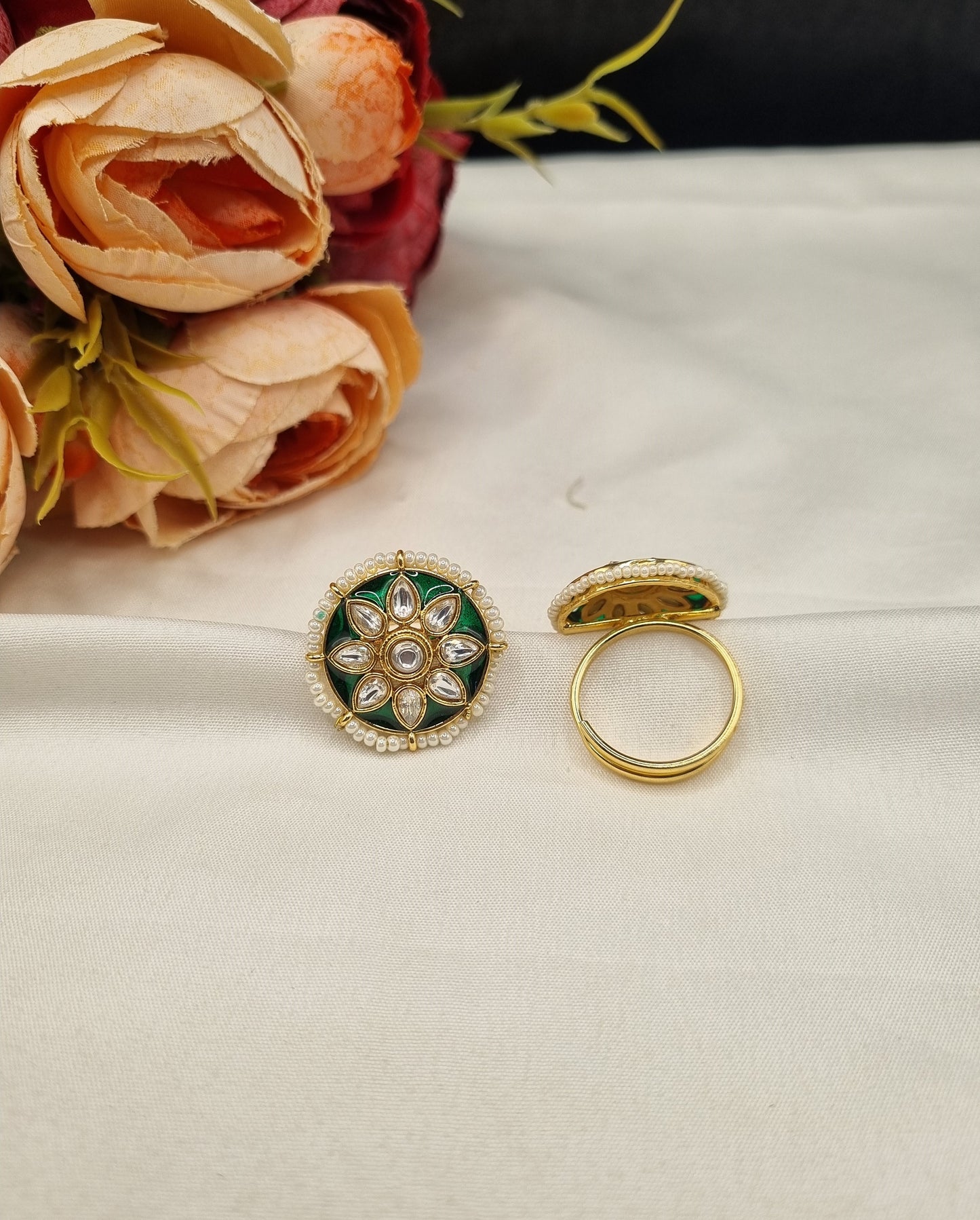 Floral Starburst Meenakari Ring with Pearl Border
