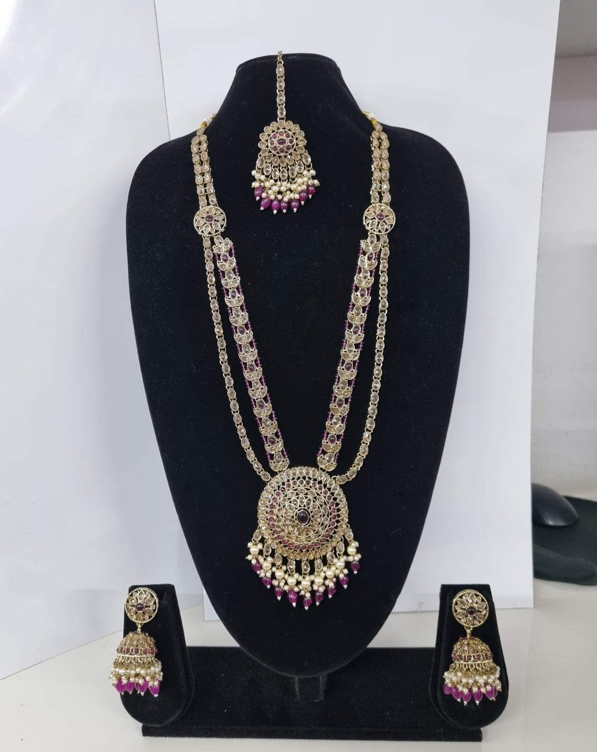 Traditional Pastel Sea Green Long Necklace Set with Jhumkas