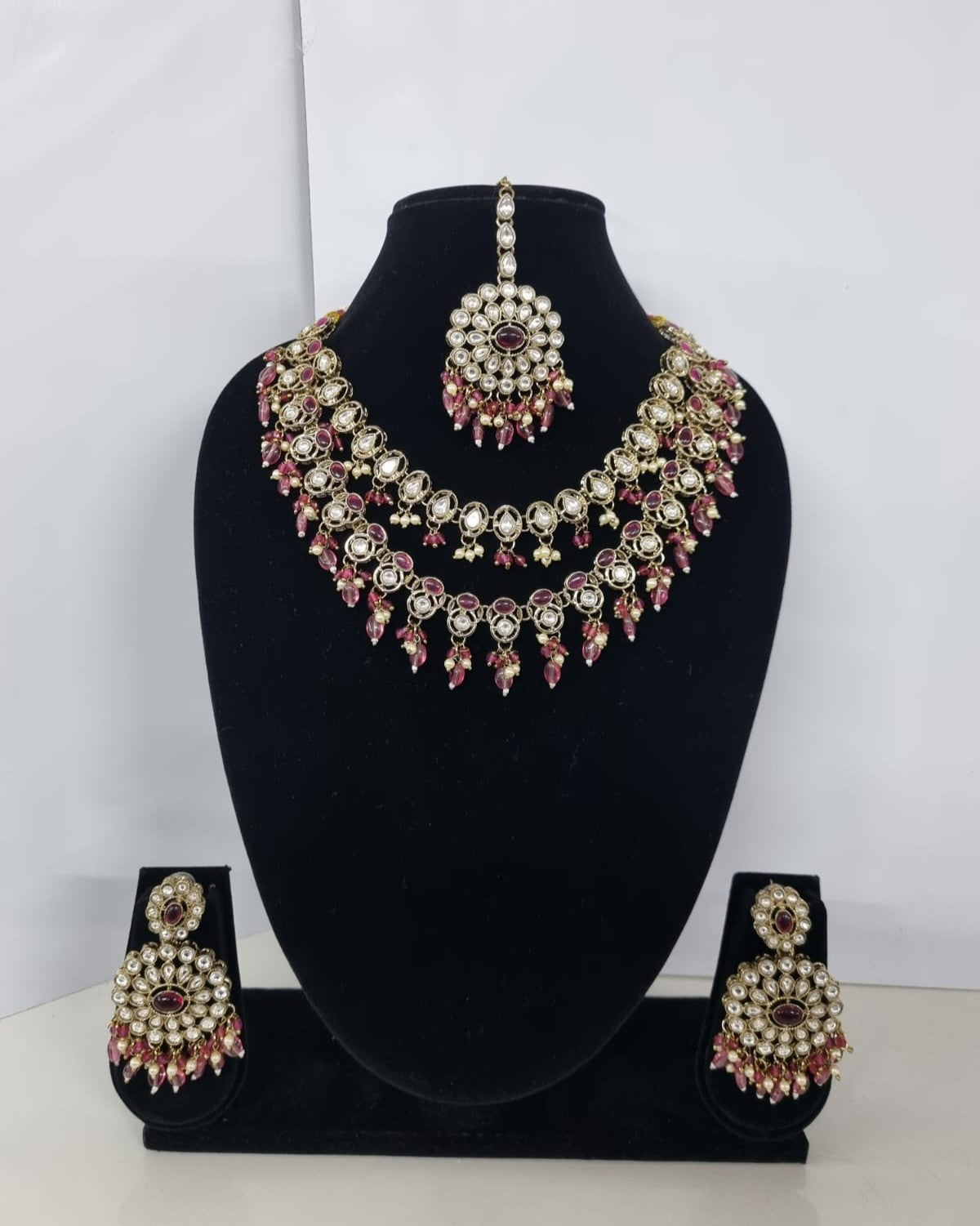 Royal Blue Layered Necklace Set Round Earrings & Maang Tikka