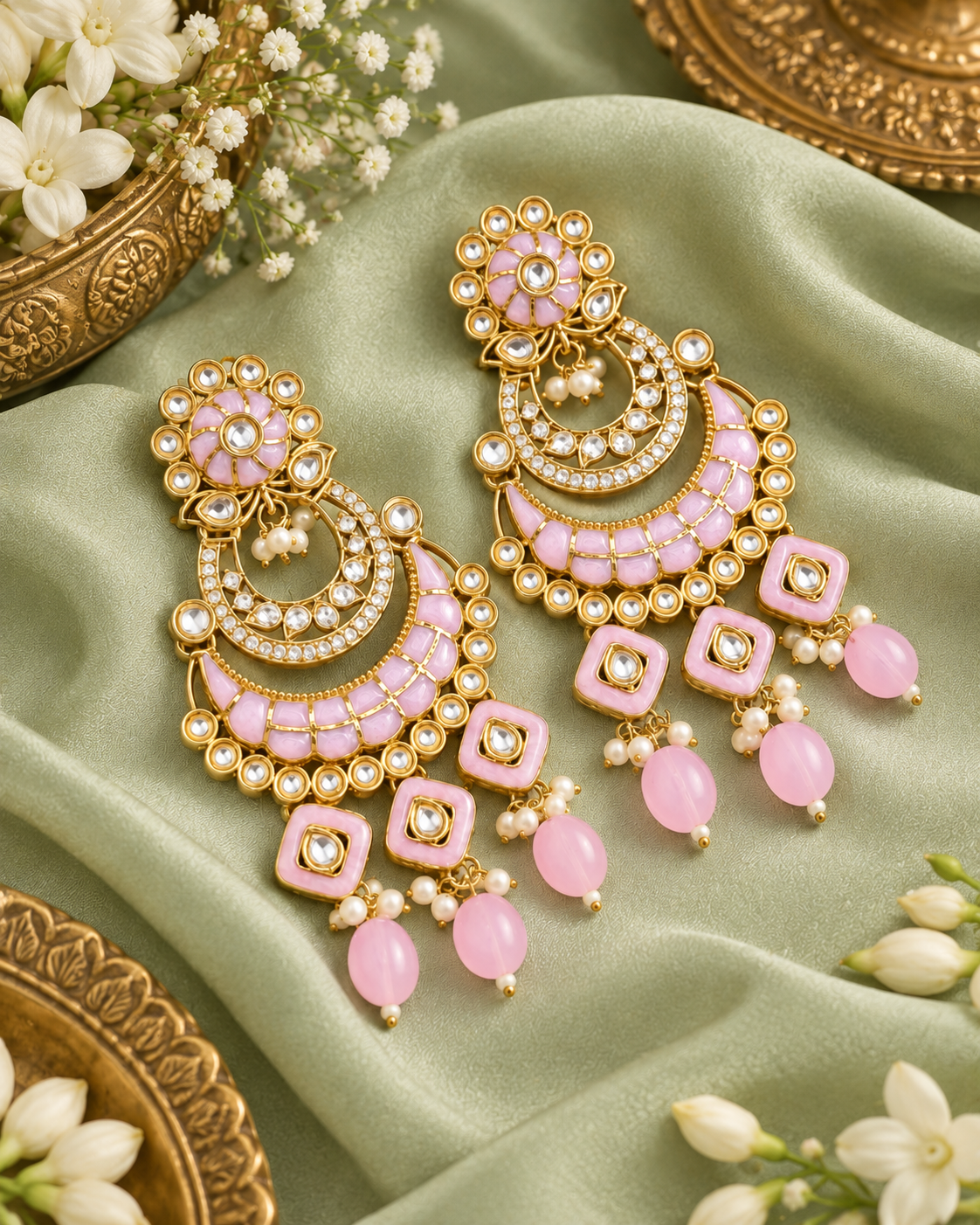 Royal Chandbali Statement Earrings with Meenakari & Pearl Drops