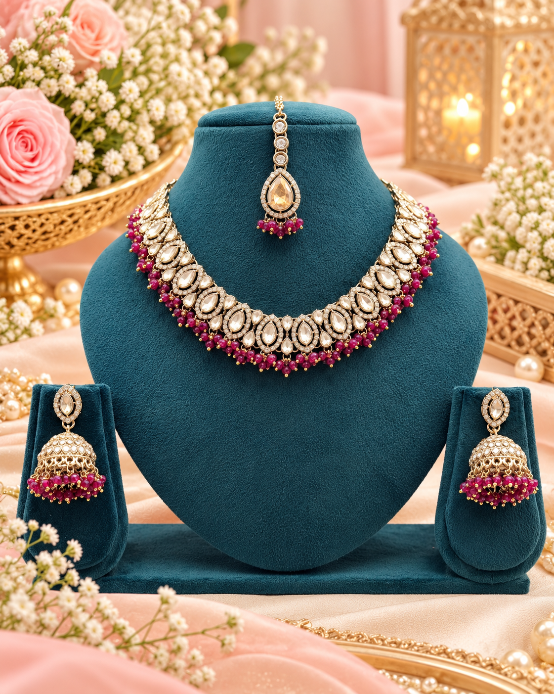 Zricon Dual-Row Collar Necklace Set with Jhumkas & Maang Tikka