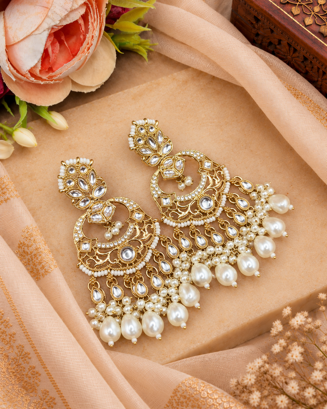 Grand Chandbali Statement Earrings with Bead Droplets