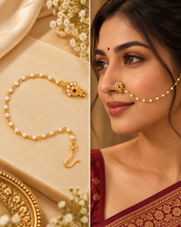 Traditional Gold-Plated Non-Pierced Nose Ring Nath With Pearl Chain For Woman