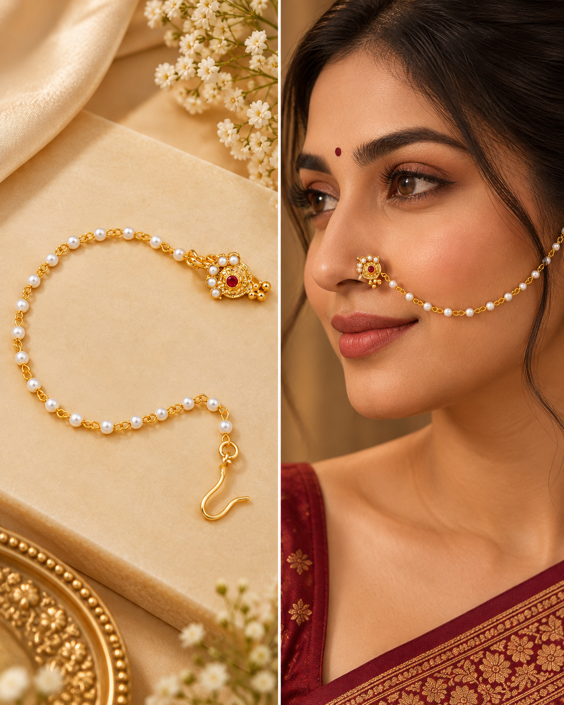 Traditional Gold-Plated Non-Pierced Nose Ring Nath With Pearl Chain For Woman