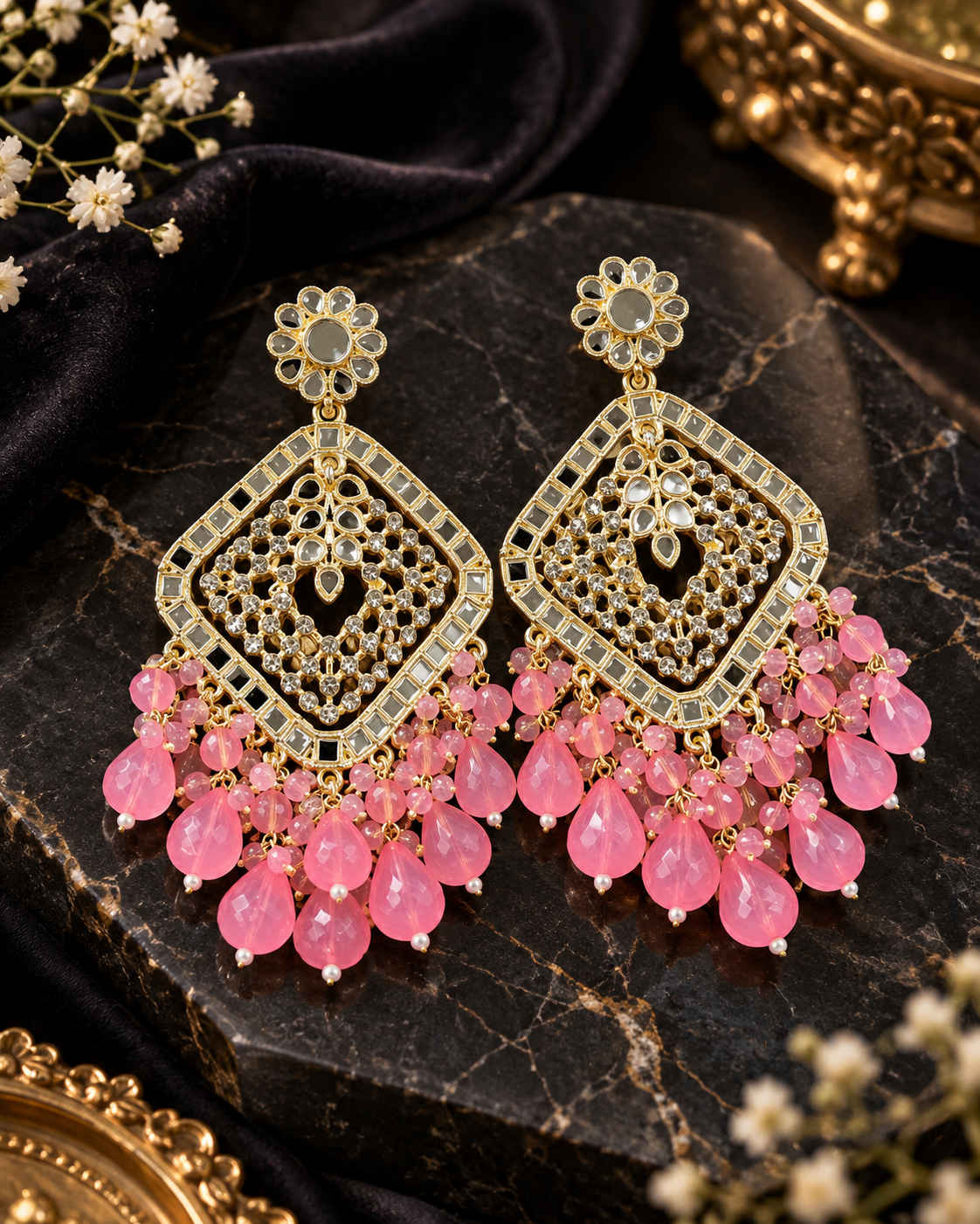 Square Emerald Green Crystal  Kundan Drop Earrings Gold Plated Jali Work Dangles