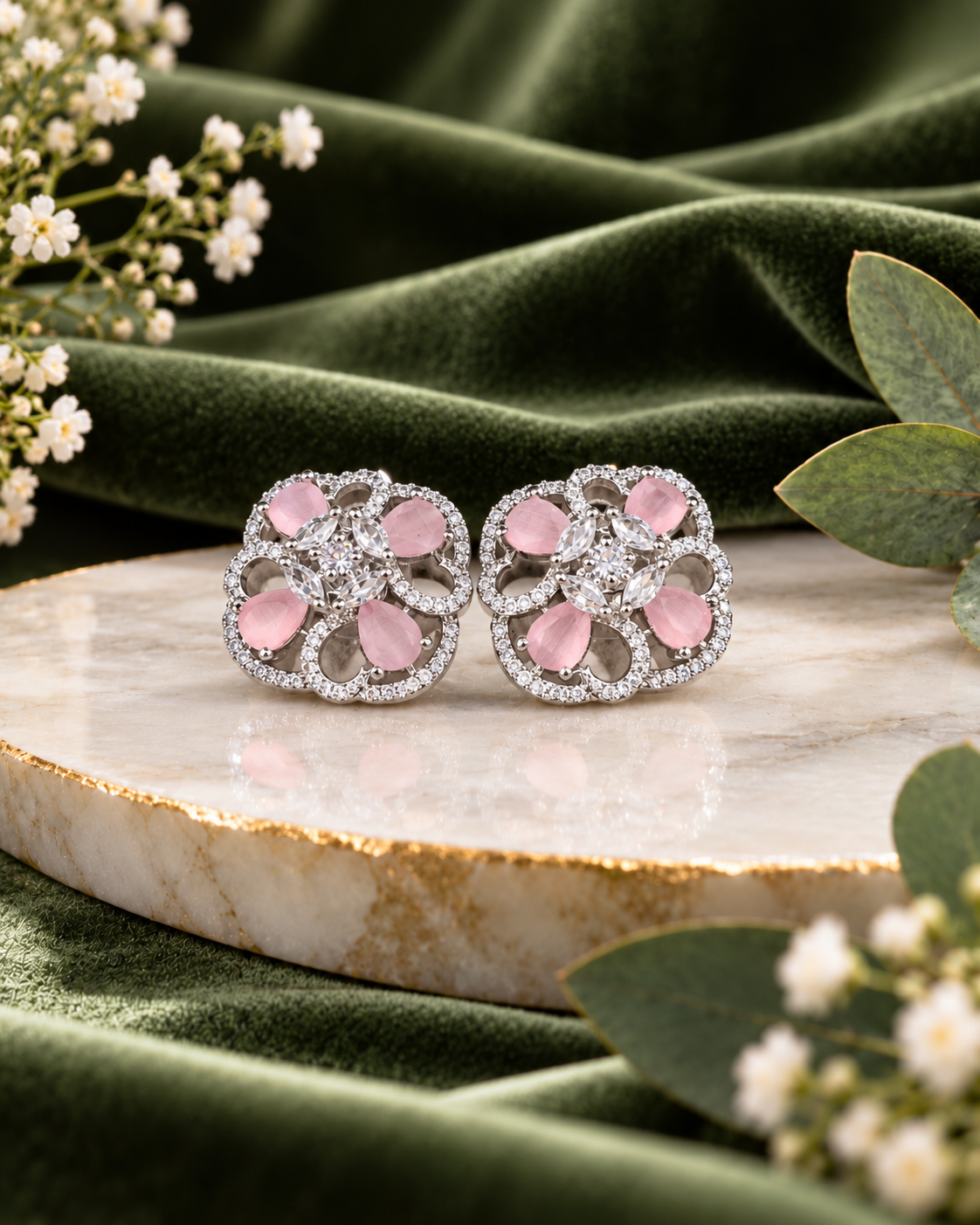 Floral American Diamond Statement Stud Earrings