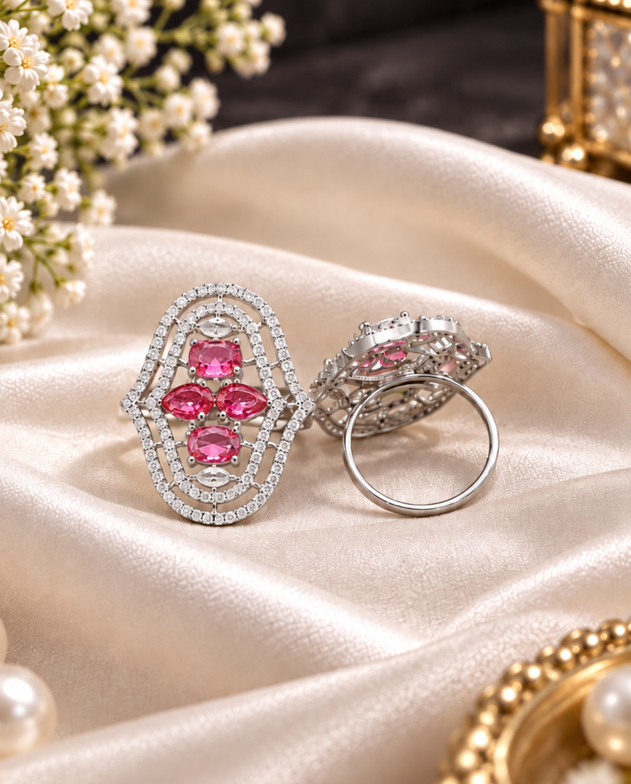 Oval Statement Ring Vibrant Multi Stone American Diamond Ring for Wedding