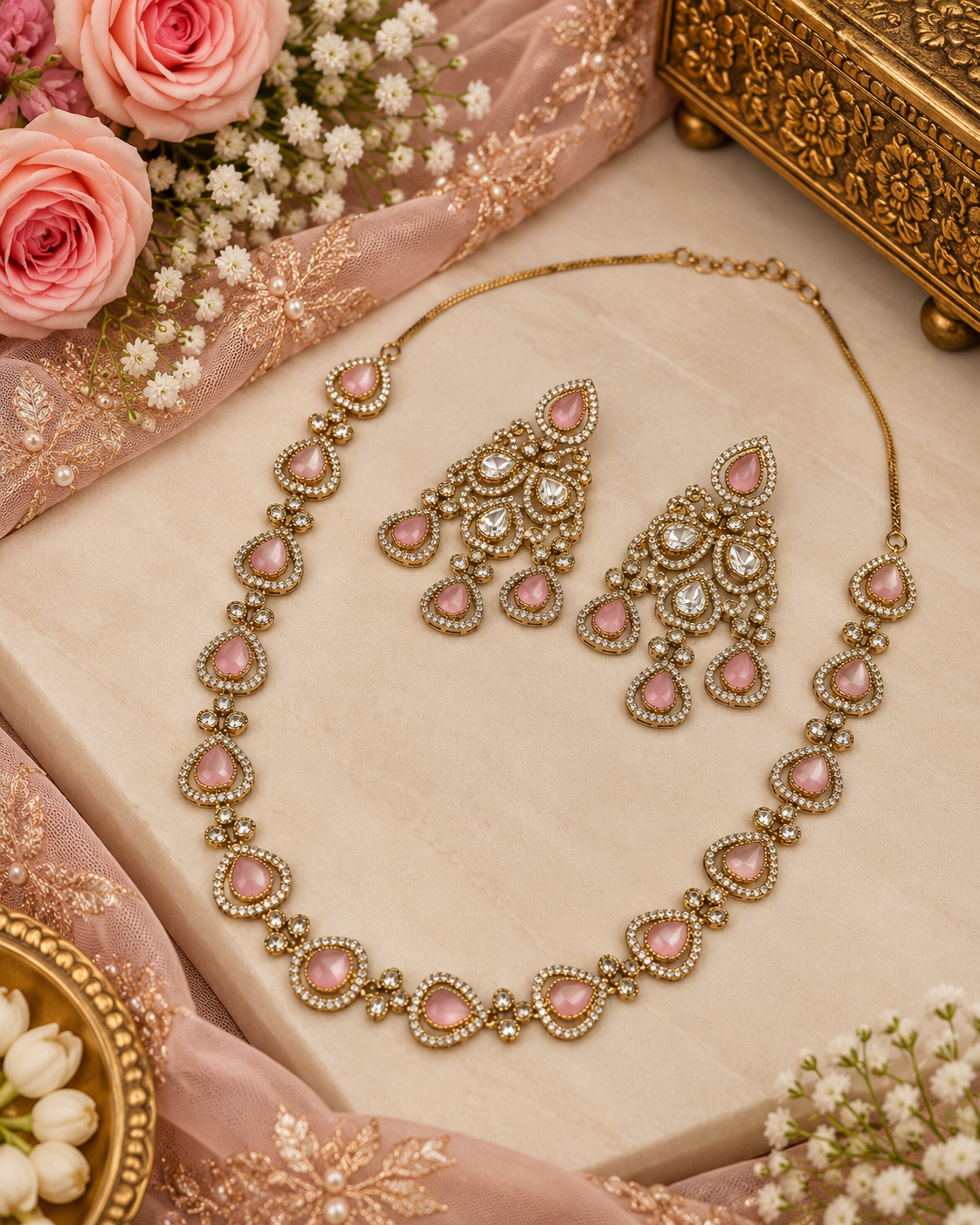 Delicate Heritage Kundan Necklace and Chandelier Earring Set